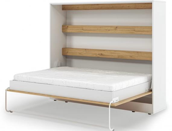 Foto Cama abatible 140 x 200 cm - Apertura horizontal manual - Con LEDs - blanco y natural + Colchón - DEVESTO