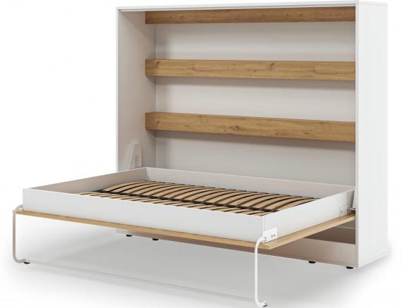 Foto Cama abatible 140 x 200 cm - Apertura horizontal manual - Con LEDs - blanco y natural + Colchón - DEVESTO