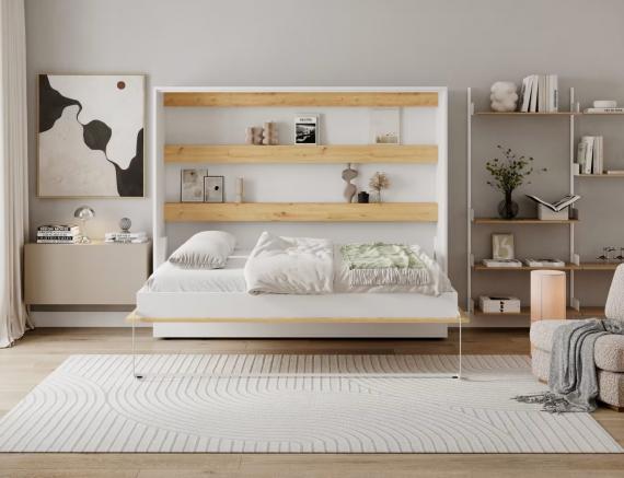 Foto Cama abatible 140 x 200 cm - Apertura horizontal manual - Con LEDs - blanco y natural + Colchón - DEVESTO