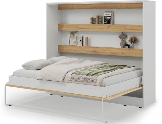 Foto Cama abatible 140 x 200 cm - Apertura horizontal manual - Con LEDs - blanco y natural + Colchón - DEVESTO