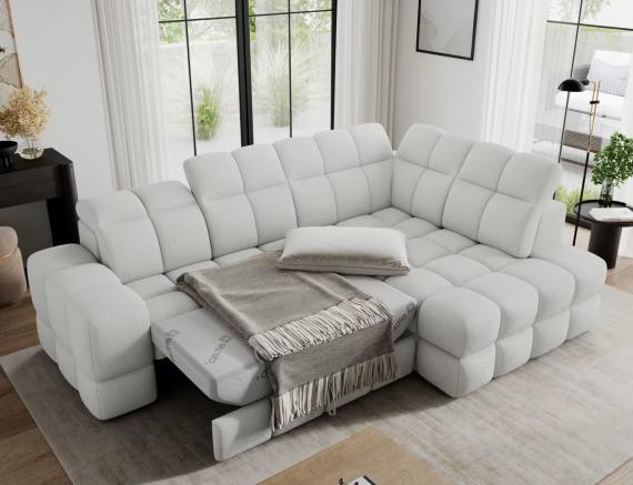 Foto Sofá esquinero con función de cama y espacio de almacenamiento, terciopelo blanco, lado derecho BRONON