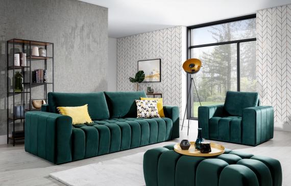 Foto Set de salón - sofá cama 3 plazas+sillon+Puf, verde