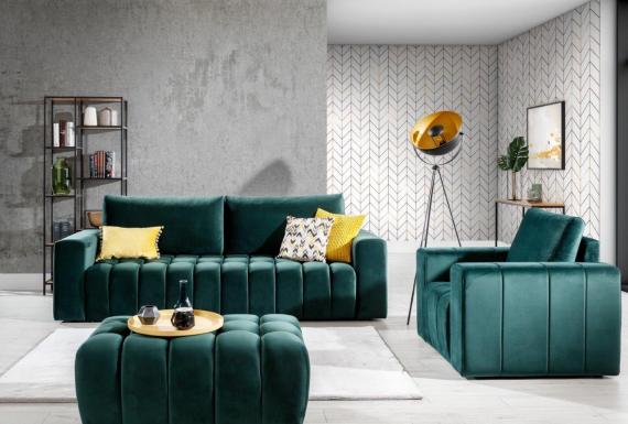 Foto Set de salón - sofá cama 3 plazas+sillon+Puf, verde
