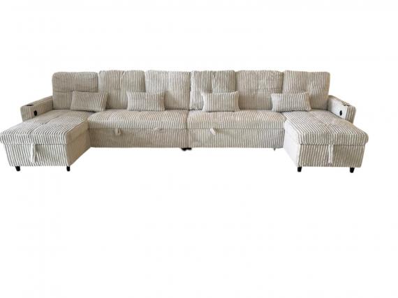 Foto Sofá Cama en U de Tela de Pana Premium 400x135 cm con 2 Arcones y Patas Altas Portavasos Integrados USB + Tipo-C - Costa U LUX GRIS OSCURO