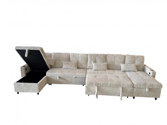 Foto Sofá Cama en U de Tela de Pana Premium 400x135 cm con 2 Arcones y Patas Altas Portavasos Integrados USB + Tipo-C - Costa U LUX GRIS OSCURO