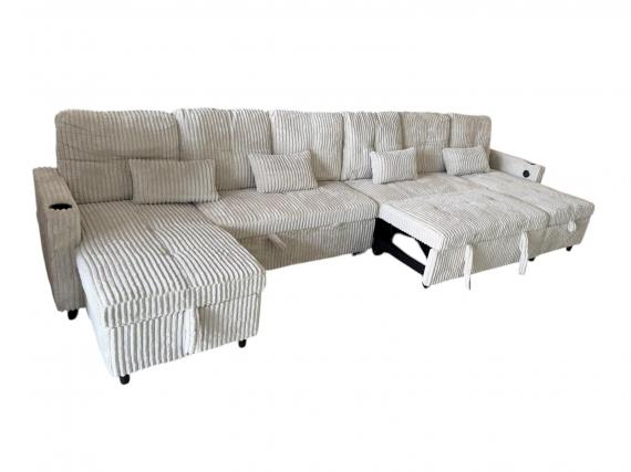 Foto Sofá Cama en U de Tela de Pana Premium 400x135 cm con 2 Arcones y Patas Altas Portavasos Integrados USB + Tipo-C - Costa U LUX GRIS OSCURO