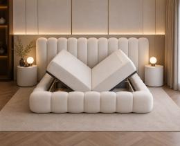 CAMA CONJUNTO BOXSPRING ORIGAMI BEIGE (INCLUYE 2 PUFFS)
