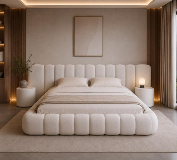 Foto CAMA CONJUNTO BOXSPRING ORIGAMI BEIGE (INCLUYE 2 PUFFS)