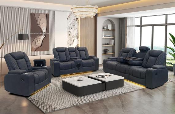 Foto Juego de sillones relax electricos reclinables - altavoces con subwoofer - portavasos - cargador inalambico - luces LED - puerto usb - 1+2+3 plazas - gris - TEXAS