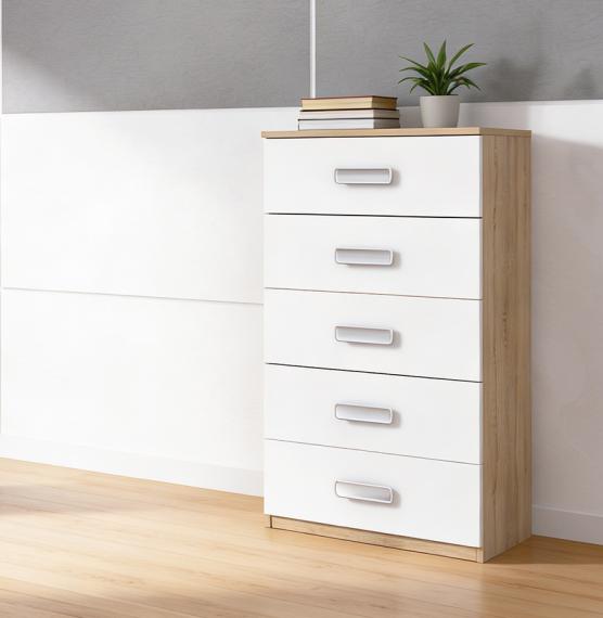 Photo Vertical 5-drawer chest, white and oak – Champion, Cambria - white