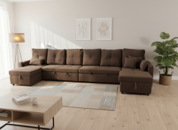 Sofá Cama en U  400x135 cm con 2 Arcones y Patas Altas Portavasos Integrados USB + Tipo-C - Costa U LUX