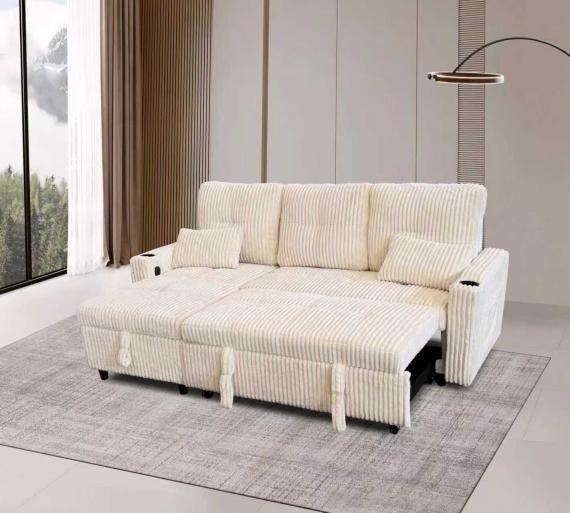 Foto Sofá cama 3 plazas reversible moderno con arcon de almacenamiento+USB+type-C+portavasos-210cm x 135cm beige  tela pana - COSTA DE LUXO