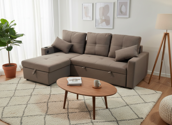 Foto Sofá Cama Chaise Longue Reversible I 3 Plazas, Arcón, USB y Portavasos (217x130 cm) OFERTA COSTA L