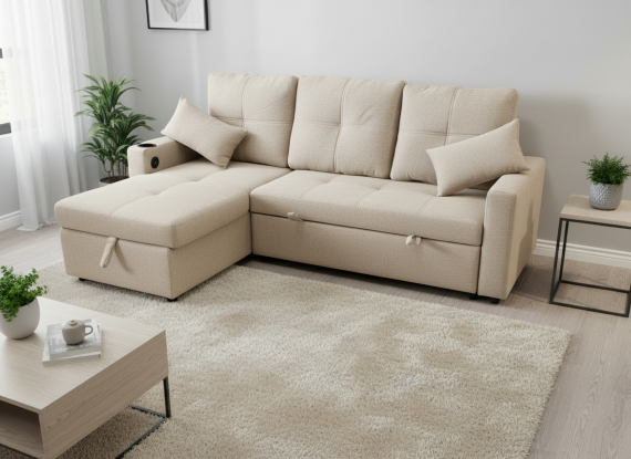 Foto Sofá Cama Chaise Longue Reversible I 3 Plazas, Arcón, USB y Portavasos (217x130 cm) OFERTA COSTA L