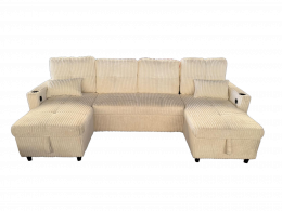 Sofá Cama Chaise Longue COSTA U 280cm - USB y Almacenaje con Patas Altas Beige