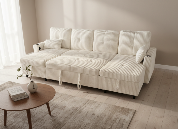 Foto Sofá Cama Chaise Longue COSTA U 280cm - USB y Almacenaje con Patas Altas Beige