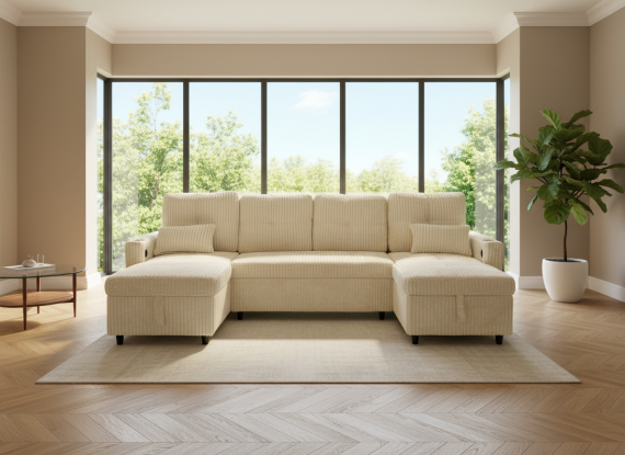 Foto Sofá Cama Chaise Longue COSTA U 280cm - USB y Almacenaje con Patas Altas Beige