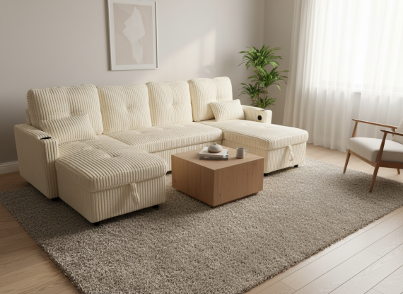 Foto Sofá Cama Chaise Longue COSTA U 280cm - USB y Almacenaje con Patas Altas Beige