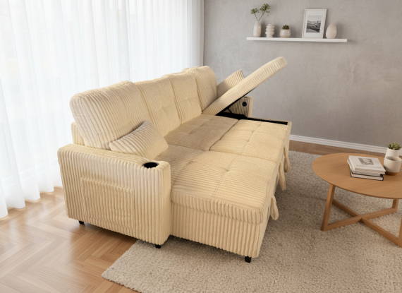 Foto Sofá Cama Chaise Longue COSTA U 280cm - USB y Almacenaje con Patas Altas Beige