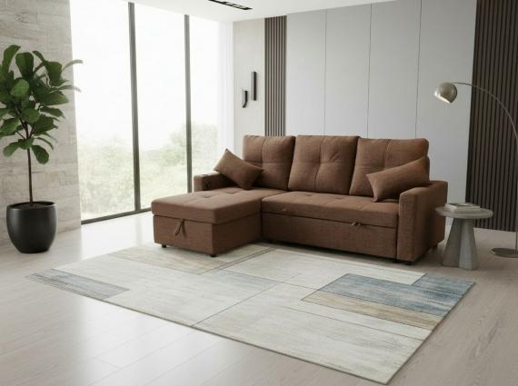 Photo REVERSIBLE 3-SEATER SOFA BED WITH CHAISE LONGUE AND STORAGE IN BROWN FABRIC – COSTA LUX