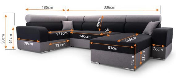 Foto SOFÁ CAMA CON DOS ARCÓNES FORMA DE U 336 CM X 185 CM INFINITY SUPER GRIS OSCURO/GRIS CLARO