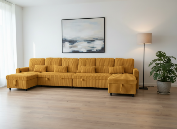 Foto Sofá Cama en U de Tela de Pana Premium 400x135 cm con 2 Arcones y Patas Altas Portavasos Integrados USB + Tipo-C - Costa U LUX