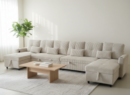 Sofá Cama en U de Tela de Pana Premium 400x135 cm con 2 Arcones y Patas Altas Portavasos Integrados USB + Tipo-C - Costa U LUX GRIS CLARO