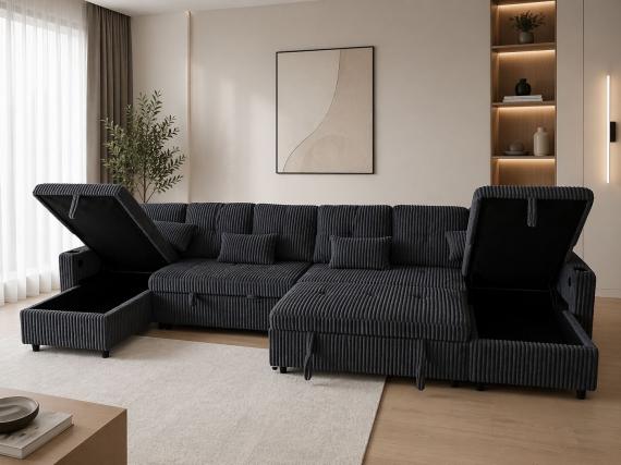 Foto Sofá Cama en U de Tela de Pana 400x135 cm con 2 Arcones Portavasos Integrados USB Tipo-C - Costa U LUX GRIS OSCURO