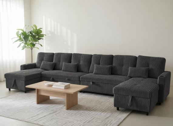 Foto Sofá Cama en U de Tela de Pana 400x135 cm con 2 Arcones Portavasos Integrados USB Tipo-C - Costa U LUX GRIS OSCURO