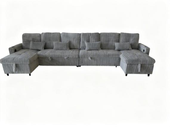 Foto Sofá Cama en U de Tela de Pana Premium 400x135 cm con 2 Arcones y Patas Altas Portavasos Integrados USB + Tipo-C - Costa U LUX GRIS OSCURO