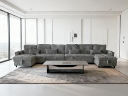 Sofá Cama en U de Tela de Pana Premium 400x135 cm con 2 Arcones y Patas Altas Portavasos Integrados USB + Tipo-C - Costa U LUX GRIS OSCURO