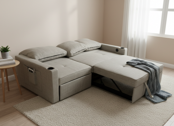 Foto Sofá Cama Lineal 3 Plazas Moderno | USB, Type-C y Portavasos 210cm COSTA R GRIS CLARO