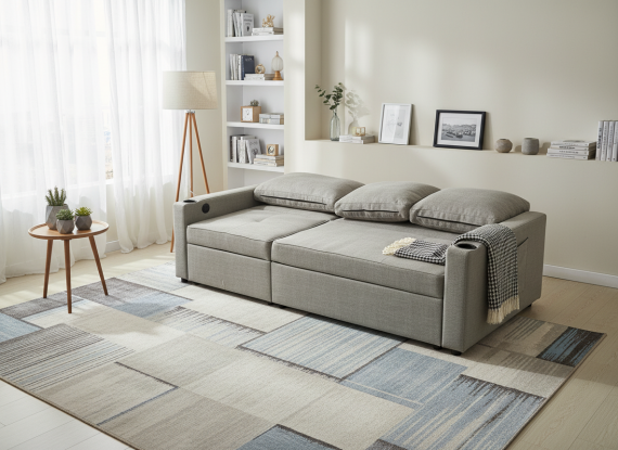 Foto Sofá Cama Lineal 3 Plazas Moderno | USB, Type-C y Portavasos 210cm COSTA R GRIS CLARO