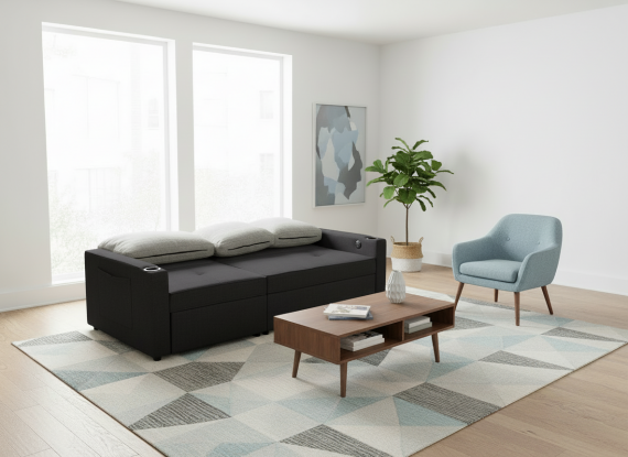 Foto Sofá Cama Lineal 3 Plazas Moderno | USB, Type-C y Portavasos 210cm COSTA R GRIS OSCURO