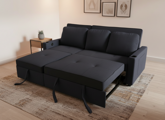 Foto Sofá Cama Lineal 3 Plazas Moderno | USB, Type-C y Portavasos 210cm COSTA R GRIS OSCURO