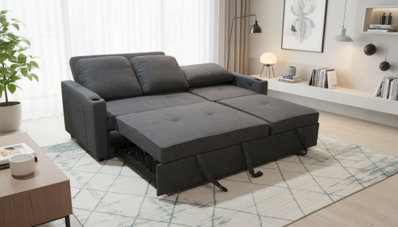 Foto Sofá Cama Lineal 3 Plazas Moderno | USB, Type-C y Portavasos 210cm COSTA R GRIS OSCURO
