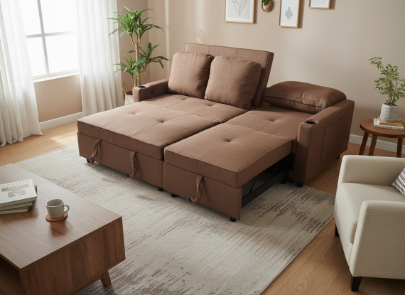 Foto Sofá Cama Lineal 3 Plazas Moderno | USB, Type-C y Portavasos 210cm COSTA R MARRÓN