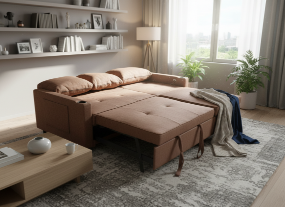 Foto Sofá Cama Lineal 3 Plazas Moderno | USB, Type-C y Portavasos 210cm COSTA R MARRÓN