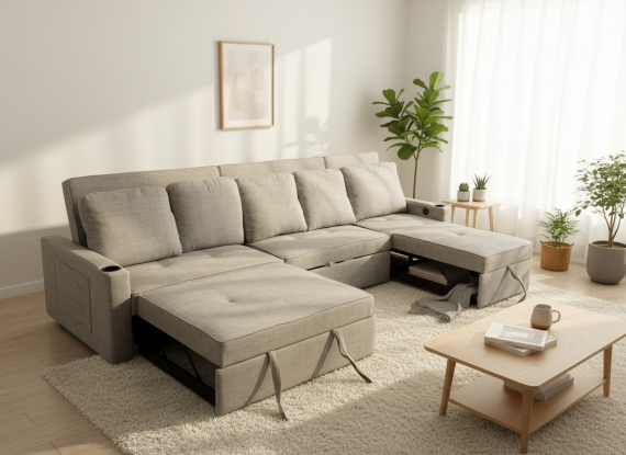 Foto Sofá cama lineal 5 plazas moderno+USB+type-C+portavasos-320cm - COSTA R