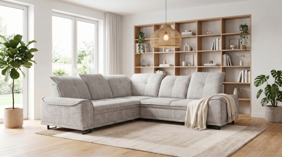 Foto Sofá Cama Rinconera Tejido Szenil Color Gris Claro con Arcón Boss XL