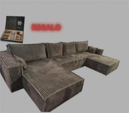 Sofá cama U - gris claro tela de pana 400x190 cm AGATA