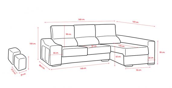 Foto Sofá chaise longue, asientos extraíbles, cabezales abatibles, 2 pufs - LUCIA, Grafito