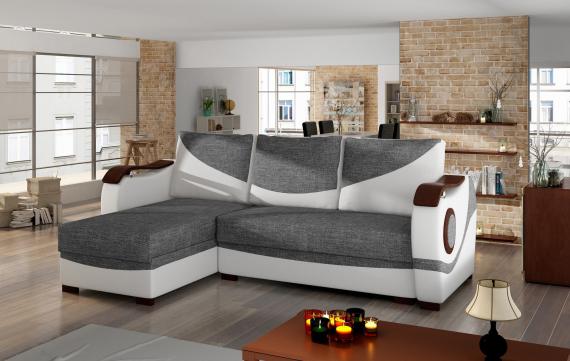 Foto Sofá chaise longue cama con reposabrazos de madera – Puerto, Gris / Blanco