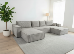 Sofá Chaise Longue en U Gigante AGATA – Cama y Arcón – Tela de Pana Gris claro