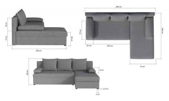 Foto Sofá chaise longue reversible pequeño con cama – Gino, Gris, 206cm x 146cm