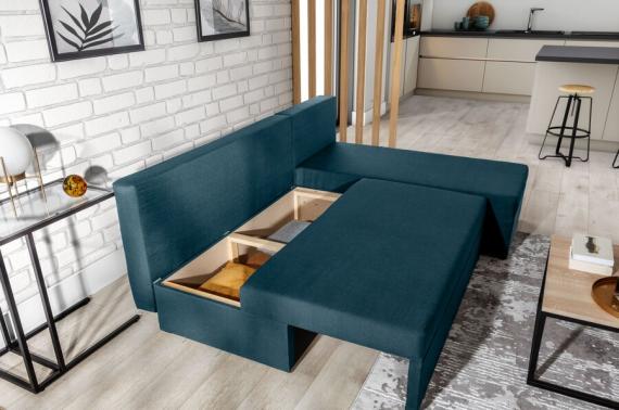 Foto Sofá chaise longue reversible pequeño con cama – Gino, Azul, 206cm x 146cm