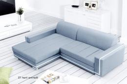 Sofá chaise longue tapizado convertible en cama - MARTÍN, Azul / Blanco, 260cm x 177cm