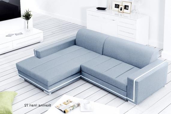 Foto Sofá chaise longue tapizado convertible en cama - MARTÍN, Azul / Blanco, 260cm x 177cm