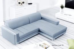 Sofá chaise longue tapizado convertible en cama - MARTÍN, Azul / Blanco, 260cm x 177cm