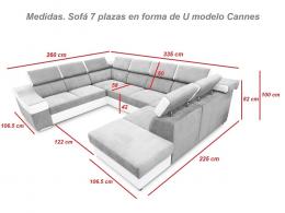 Sofá en forma de U - Ángela. Cama extraíble y reposacabezas reclinables. 7 plazas, derecho, gris blanco